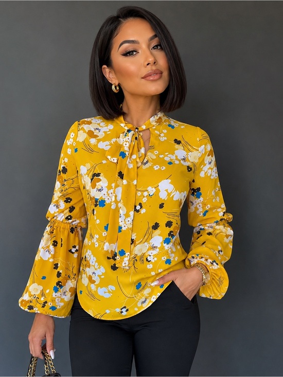 Worthington Tops - Worthington Yellow Floral Tie-Neck Blouse